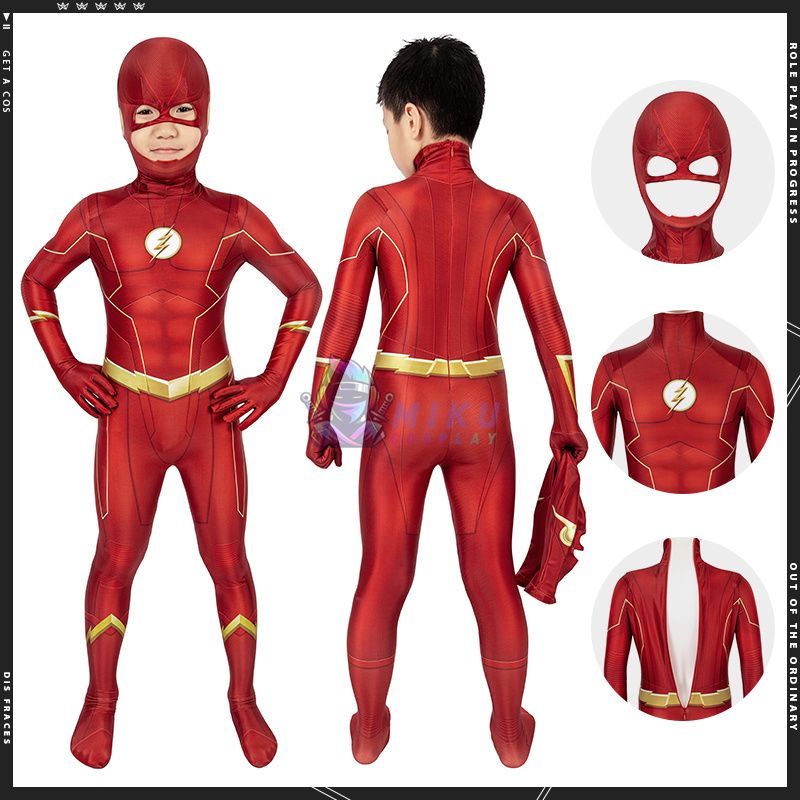 Kids Flash Suit S6 Barry Allen Cosplay Costume Spandex Jumpsuit